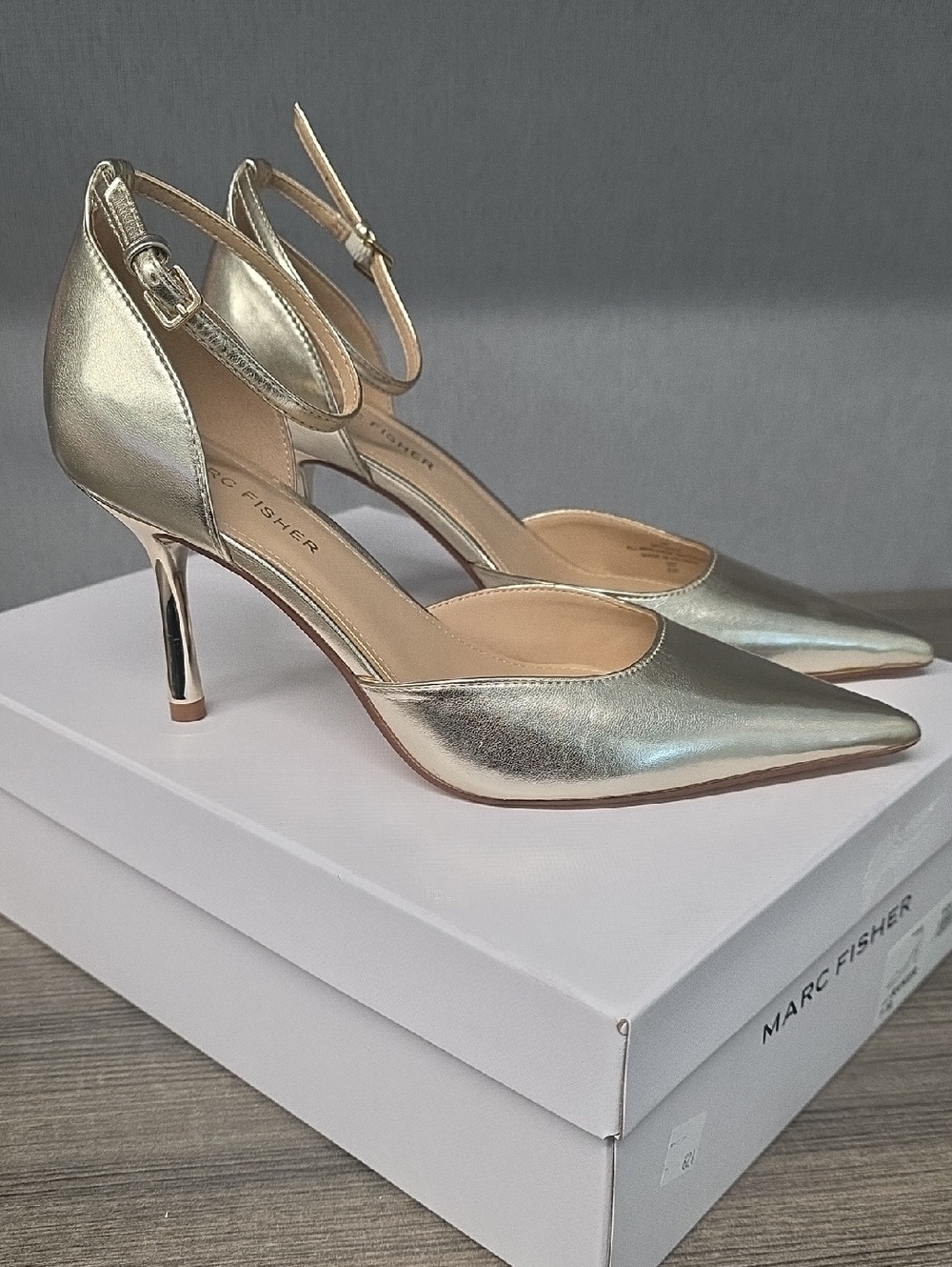 Marc Fisher Gold Pointed-Toe Ankle-Strap Pumps